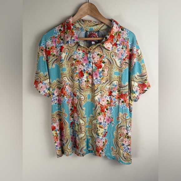 JOHNNY WAS Rivoray Floral Short Sleeve Polo Tee Women's Size Large BOHO - Picture 3 of 12